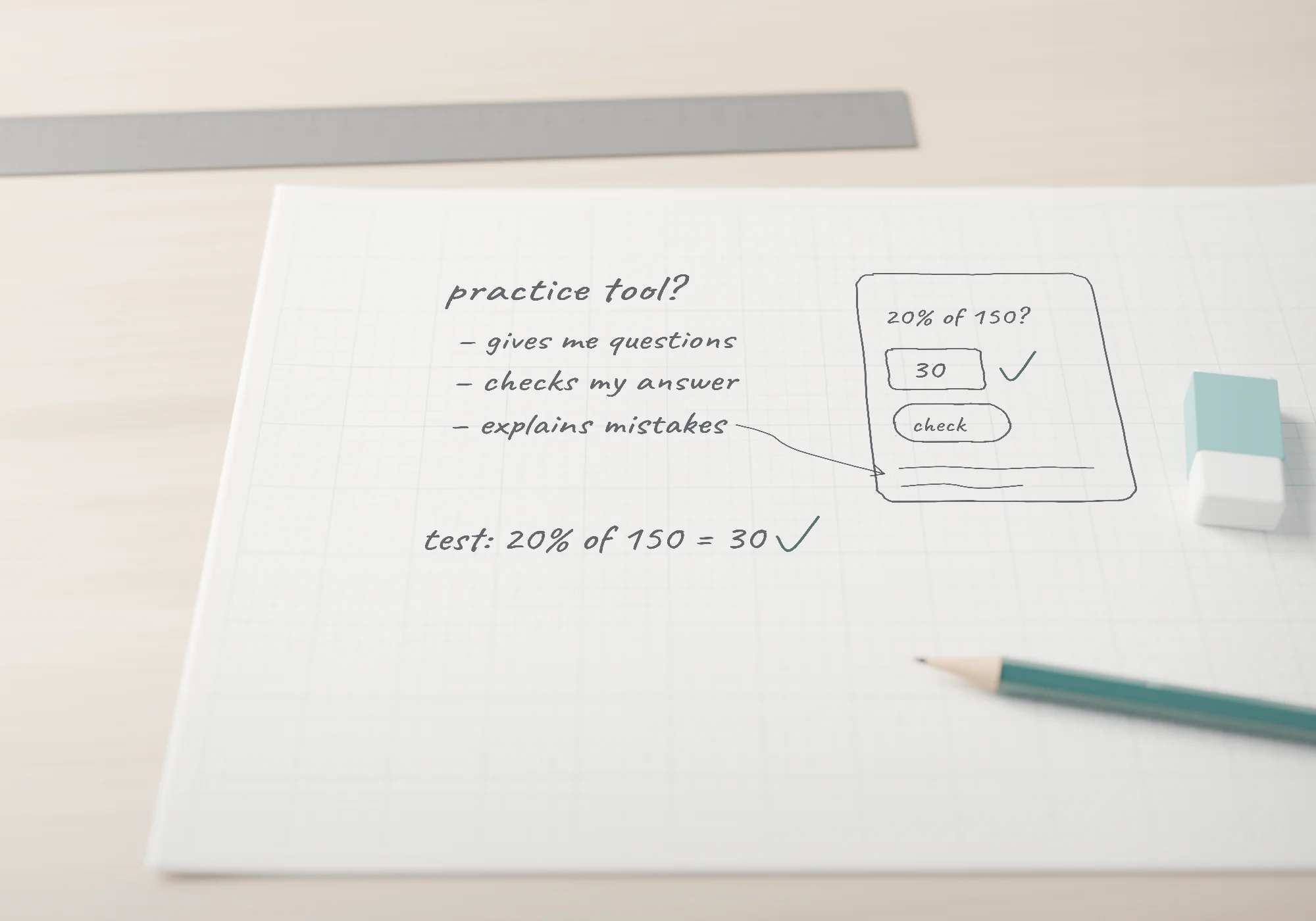 Pencil notes on graph paper: “Practice tool? Gives me questions, checks my answer, explains mistakes. Test: 20% of 150 = 30.” Beside them, a rough sketch of the tool, with a teal pencil, a steel ruler and an eraser on a pale oak desk.