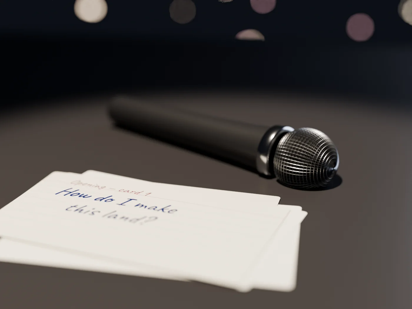 A handheld microphone on a dark stage under a spotlight, beside cue cards asking “How do I make this land?”