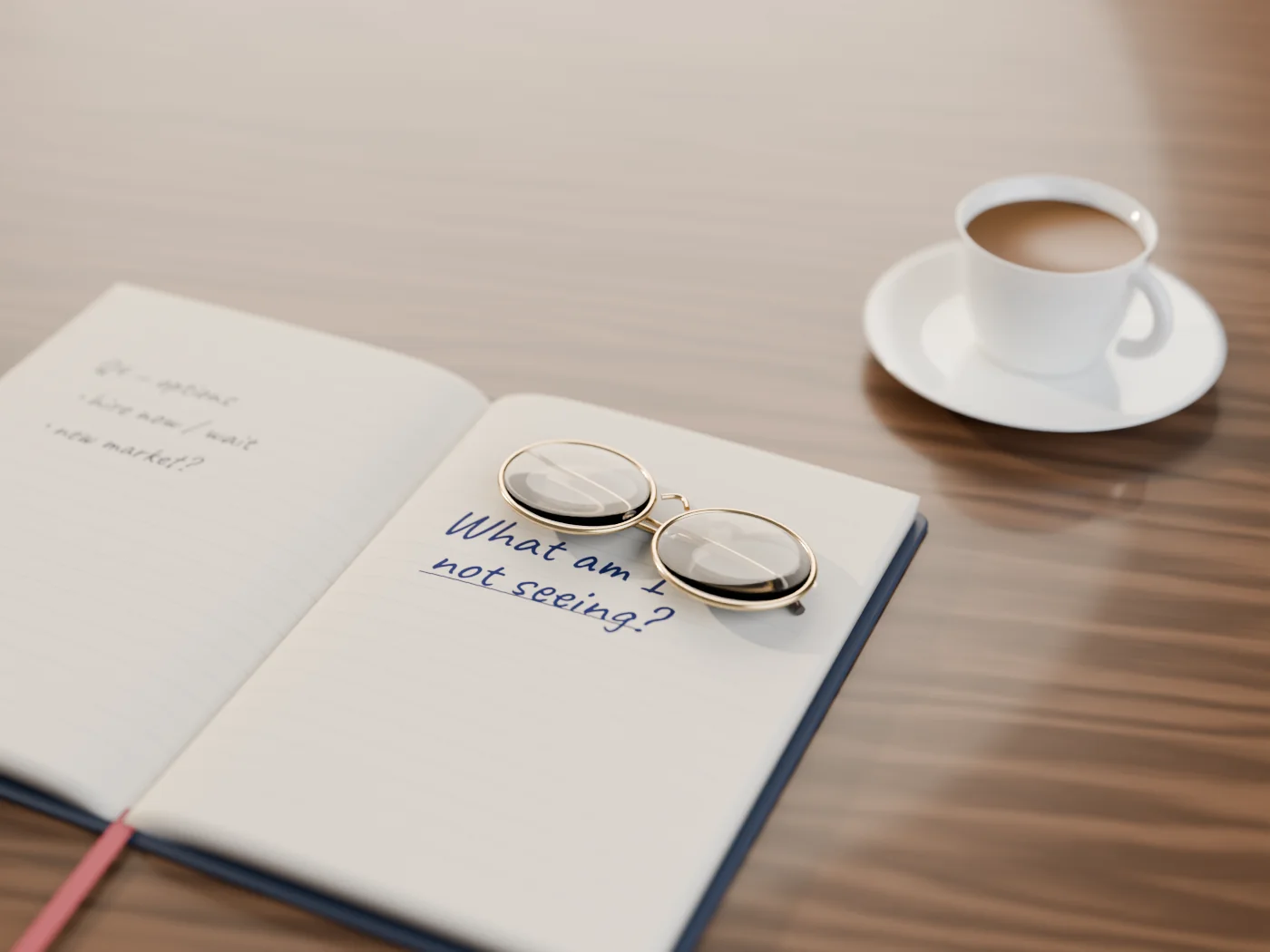 Reading glasses resting on an open leather notebook with the handwritten question “What am I not seeing?”, beside an espresso