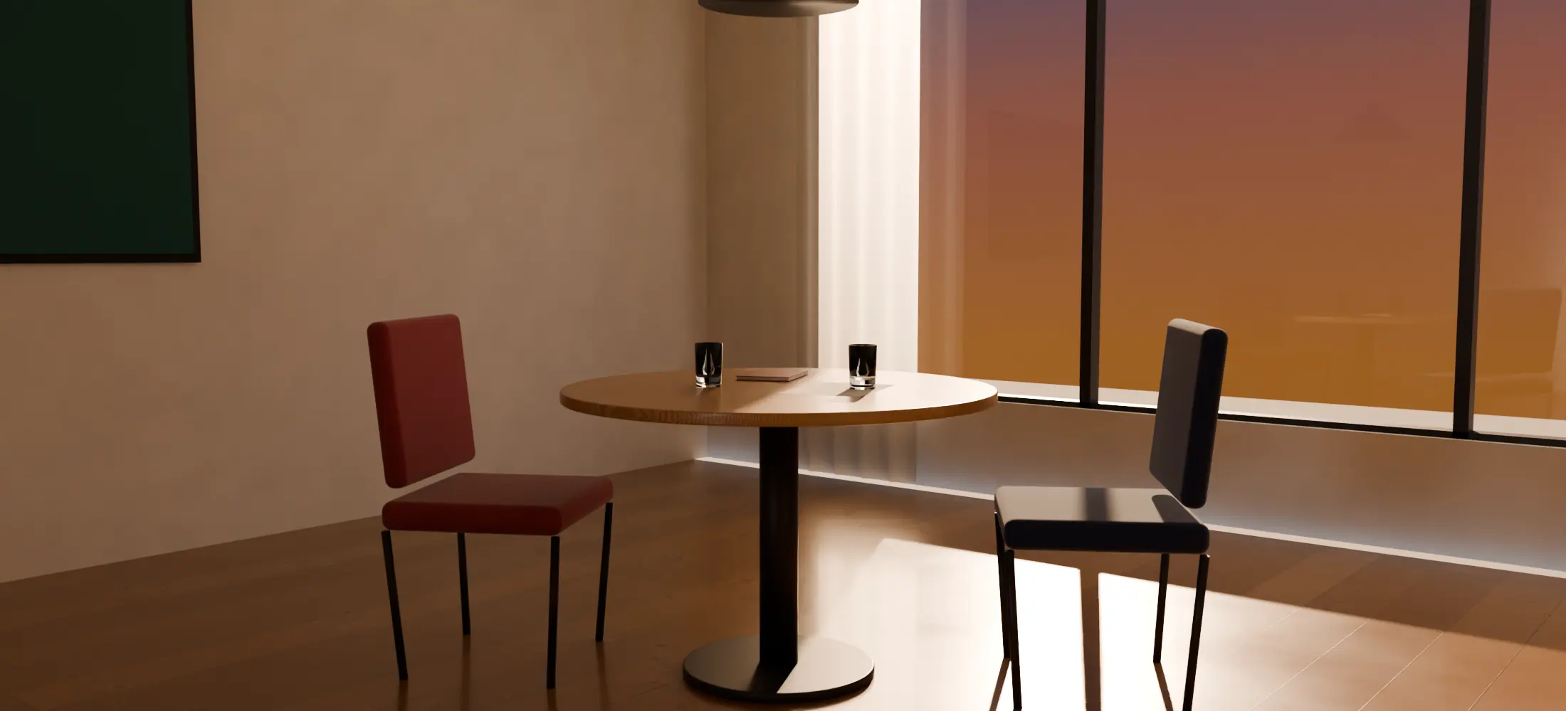 Inside the meeting room at sunset: two chairs drawn up to a small round table, glasses of water and a notebook, warm light across the floor.