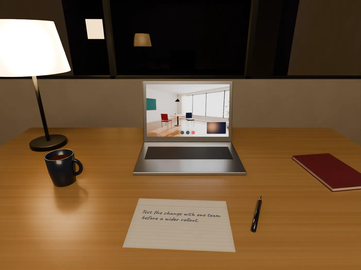 Your evening desk under a warm lamp, a dark window behind. On the laptop, a video call shows your peer’s sunlit morning room. Your handwritten card lies in front of you.