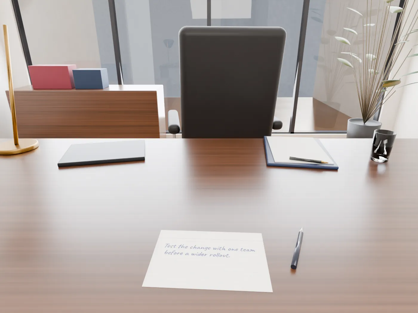 Seen from your seat: a wide walnut desk, an empty high-back leather chair across it, a city window behind. Your handwritten card lies in front of you.