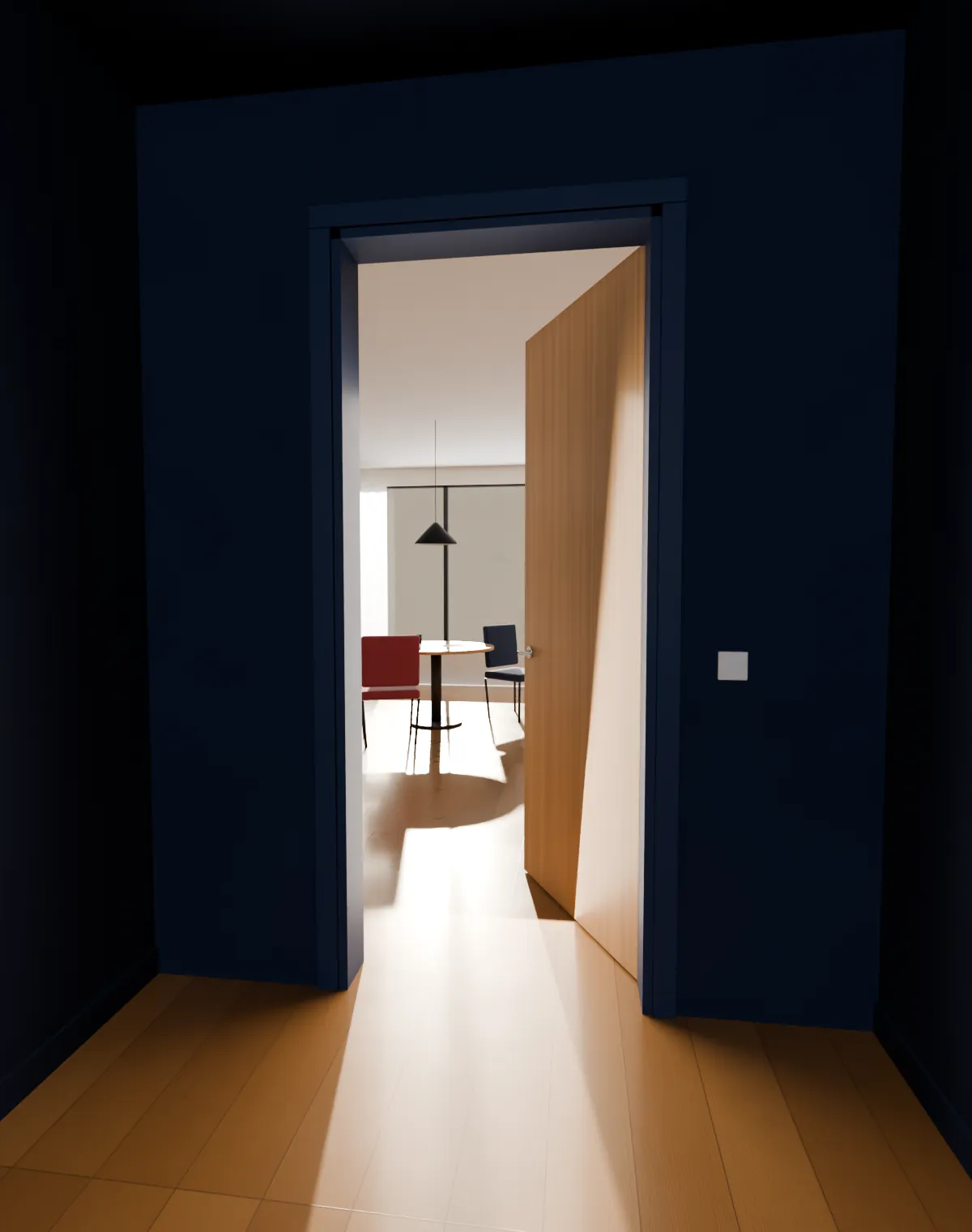 From a dark blue corridor, an oak door stands open onto a sunlit meeting room. Light spills across the floor toward you.
