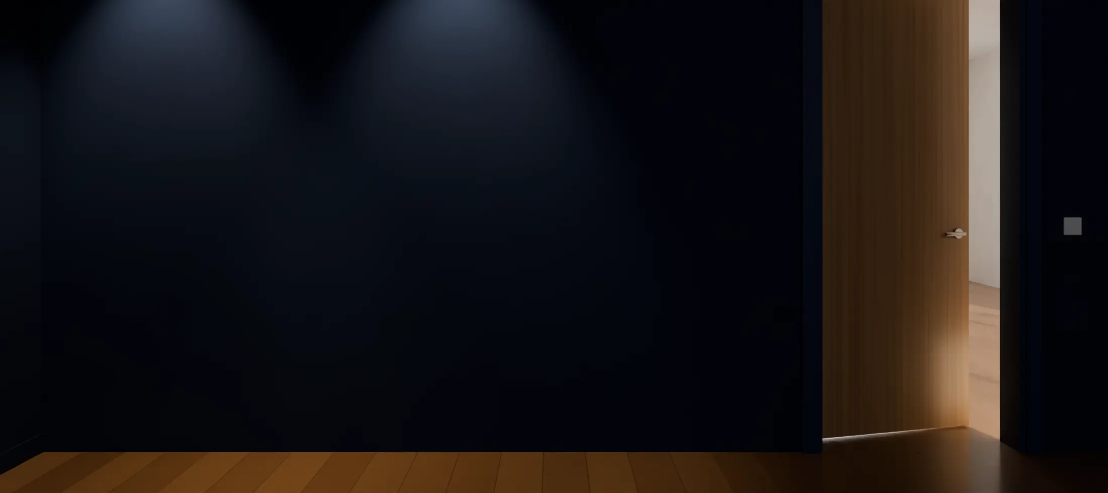 A long dark blue wall. At the far end an oak door is barely open, and a thin line of daylight escapes onto the floor.