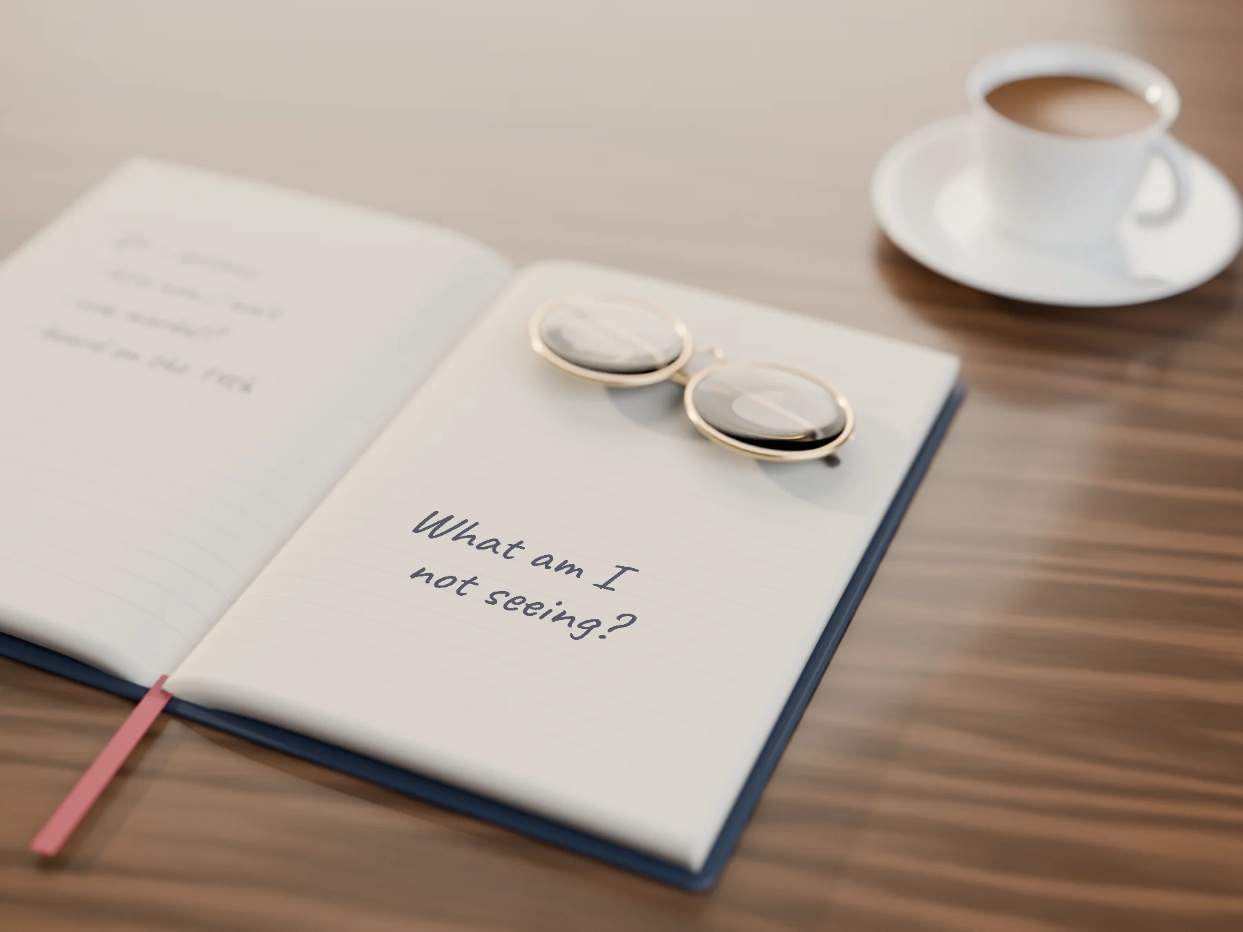 Reading glasses resting on an open leather notebook on a walnut desk, an espresso behind. On the page, in pencil-light handwriting: “What am I not seeing?”